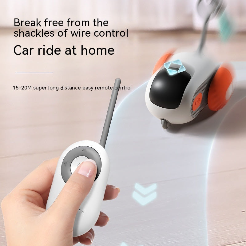 Interactive cat toy car with remote control, USB charging, self-moving, and smart control features for engaging pet play.