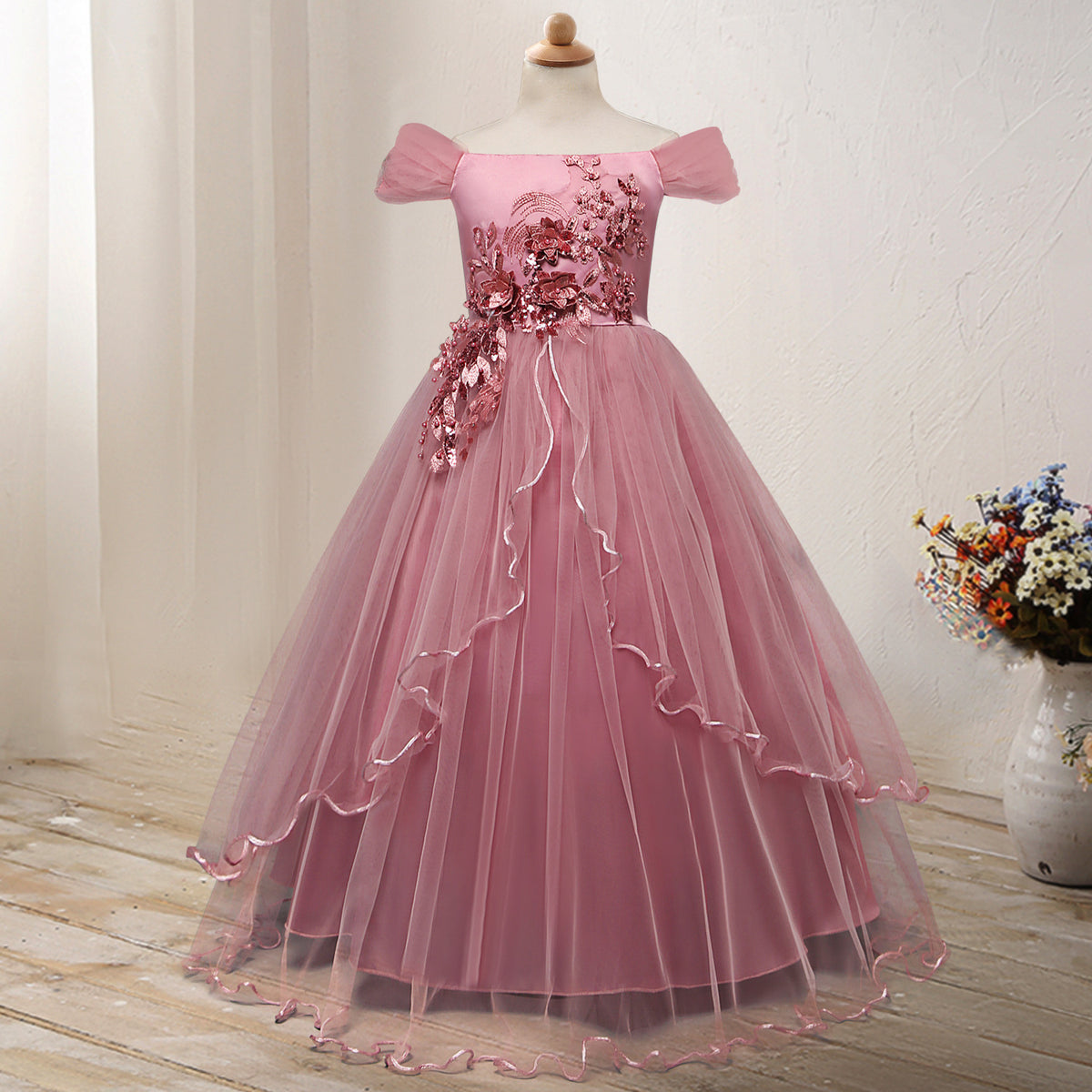 One-shoulder princess flower dress costume in vibrant colors with floral accents, perfect for costume parties and dress-up occasions.