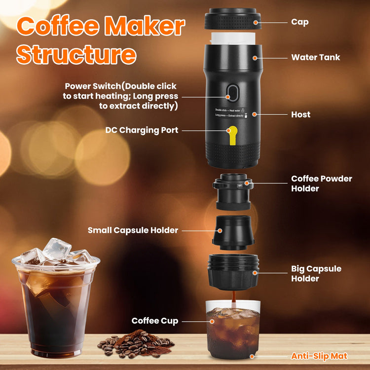 Portable electric espresso machine by Bucciato, compact cordless coffee maker with self-heating and anti-dry burn features, ideal for travel