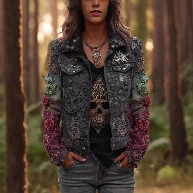Women’s autumn retro washed denim jacket with long sleeves, casual style, featuring a classic blue denim look.