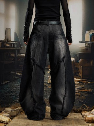 Heavy-duty Raw-edged Distressed-style Post-apocalyptic Loose-fit Jeans