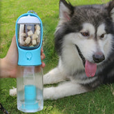 Portable Bucciato 3-in-1 dog and cat water bottle with food dispenser, leak-proof pet feeder and drinker in a compact design.