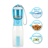 Portable Bucciato 3-in-1 pet water bottle and food feeder for cats and dogs, leak-proof, multifunctional pet hydration and feeding.