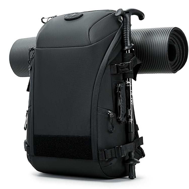 High-capacity multi-functional outdoor adventure backpack in black with multiple compartments and adjustable straps.