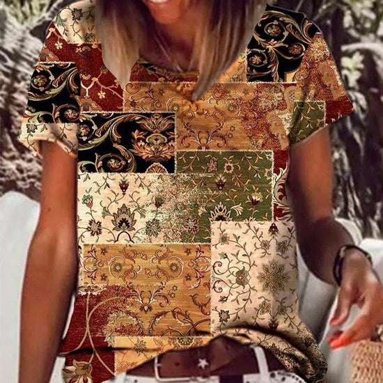 Retro printed design minimalist top in soft fabric with a relaxed fit, featuring vintage-inspired patterns and a simple silhouette.