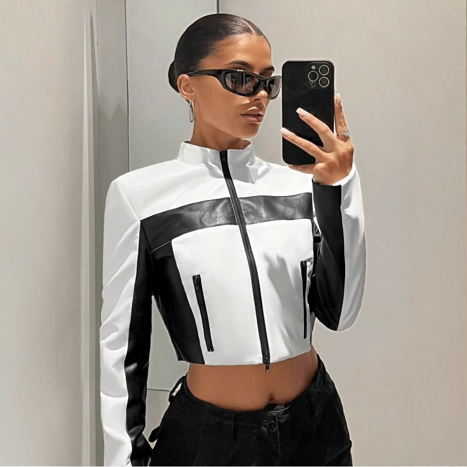 Black and white contrast leather women&