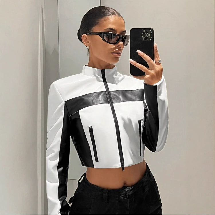 Black and white contrast leather women&