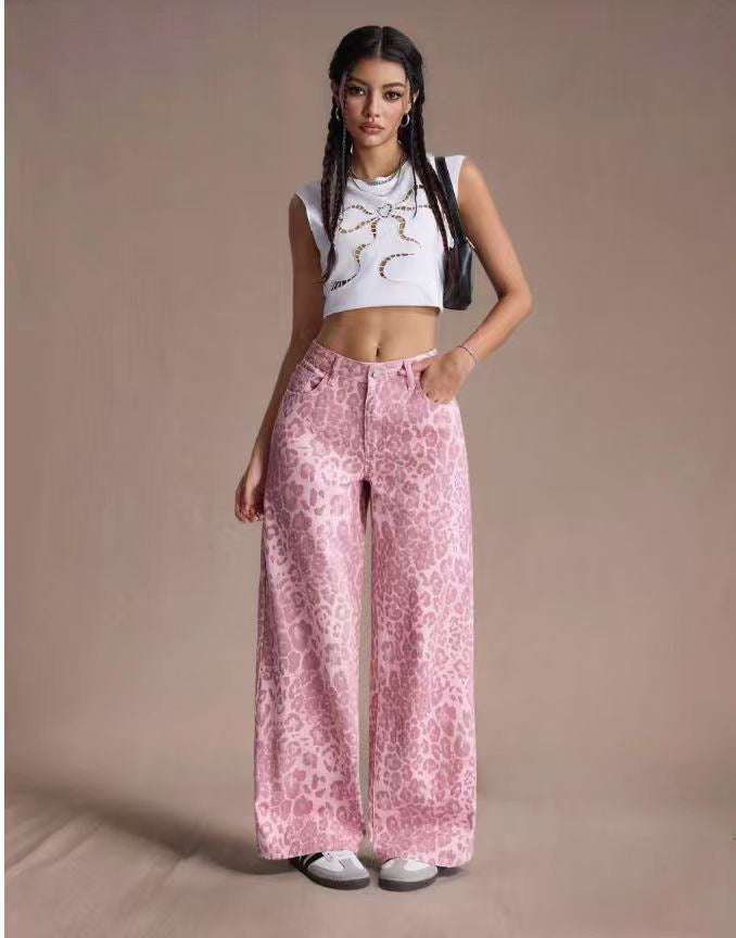 Female loose fit straight wide-leg denim jeans, luxury women&