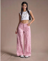 Female loose fit straight wide-leg denim jeans, luxury women&