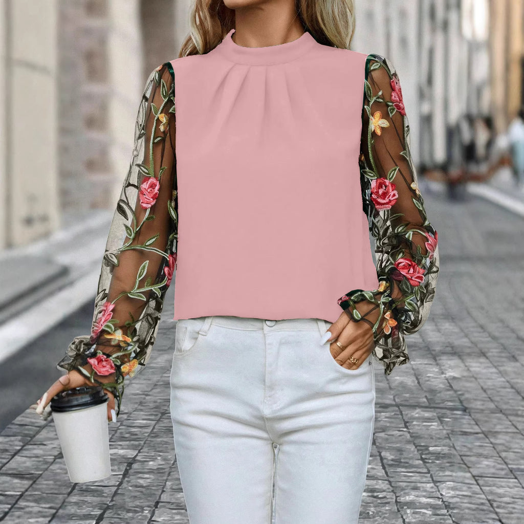 Women's Half-Neck Blouse With Patchwork 3D Embroidered Mesh Fabric