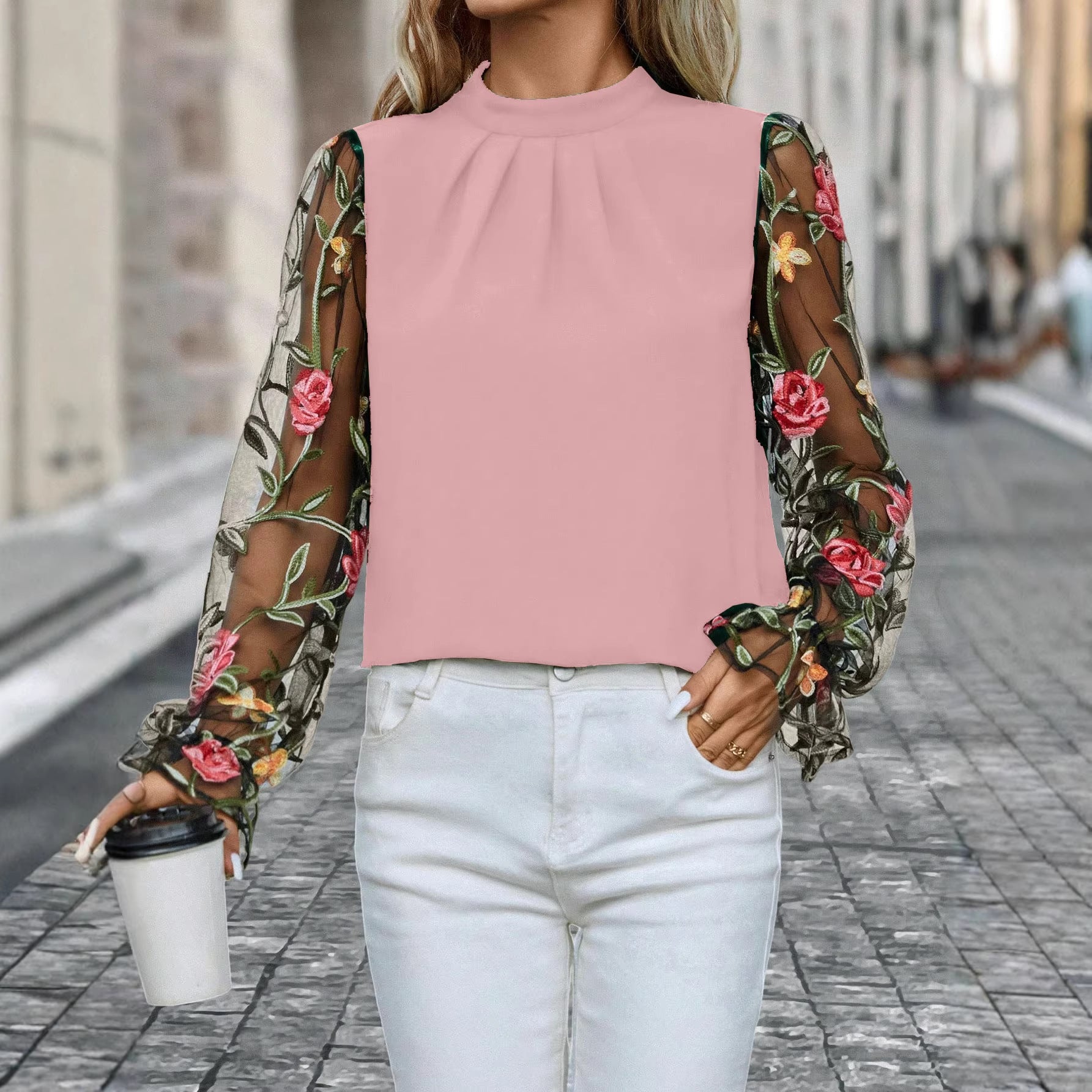 Women's Half-Neck Blouse With Patchwork 3D Embroidered Mesh Fabric