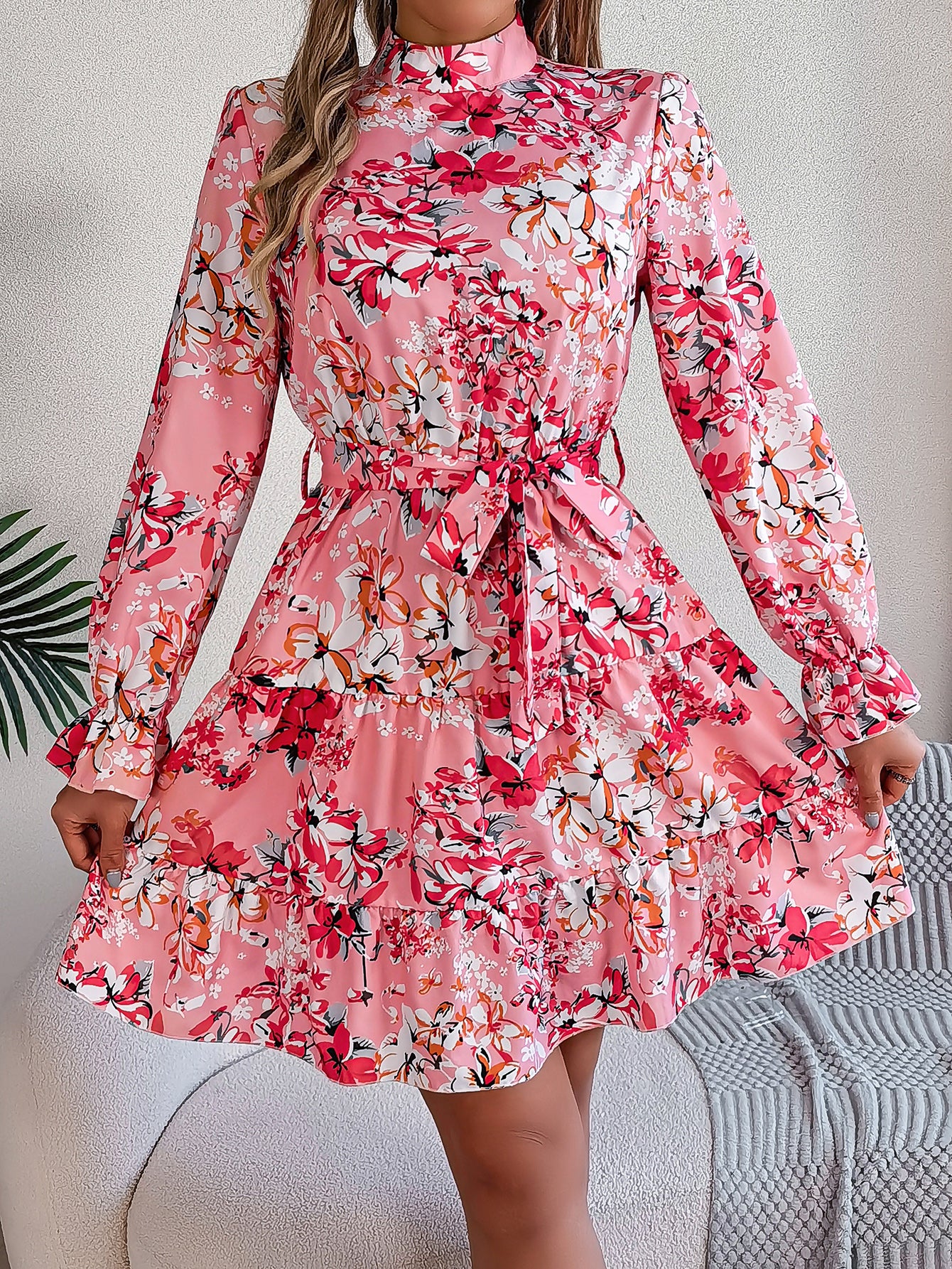 Women's Elegant Stand Collar Floral Print Tie Waist Long Sleeve Ruffle A-Line Skirt