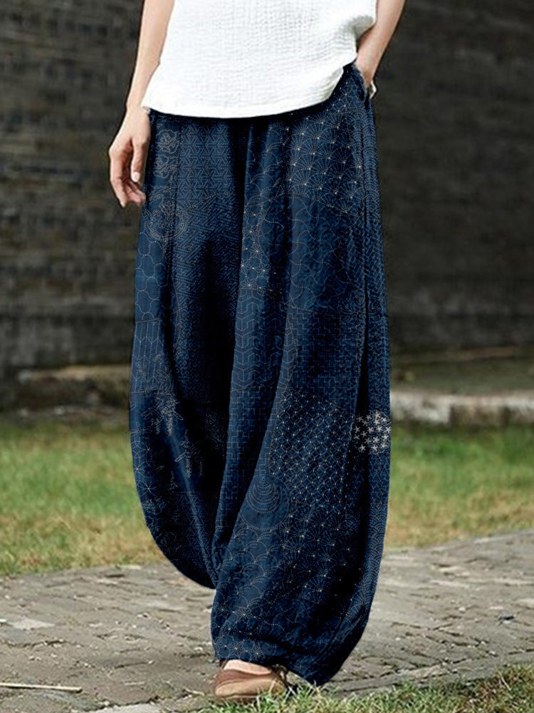Womens Retro Artistic Floral Print Casual All-Match Pants