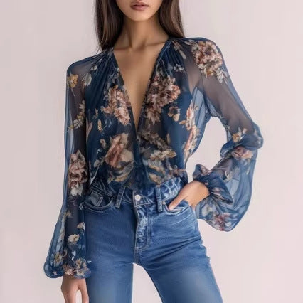 Damen-Strandbikini, sonnenschützender Chiffon-Cardigan mit Print