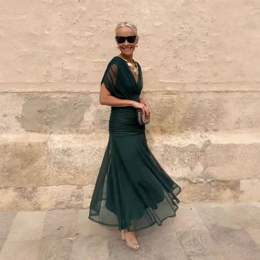 Europäisches und amerikanisches Frühlings-/Sommerkleid aus bedrucktem Mesh-Gewebe