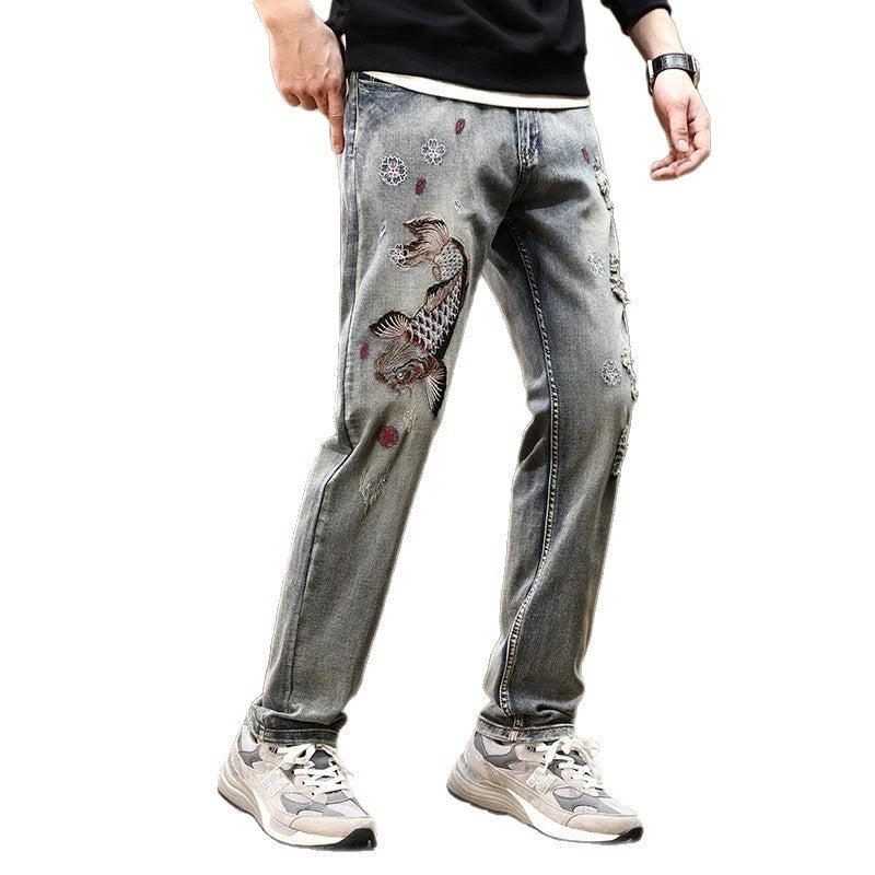 Mens Embroidered Straight-Fit Stretch Denim Jeans