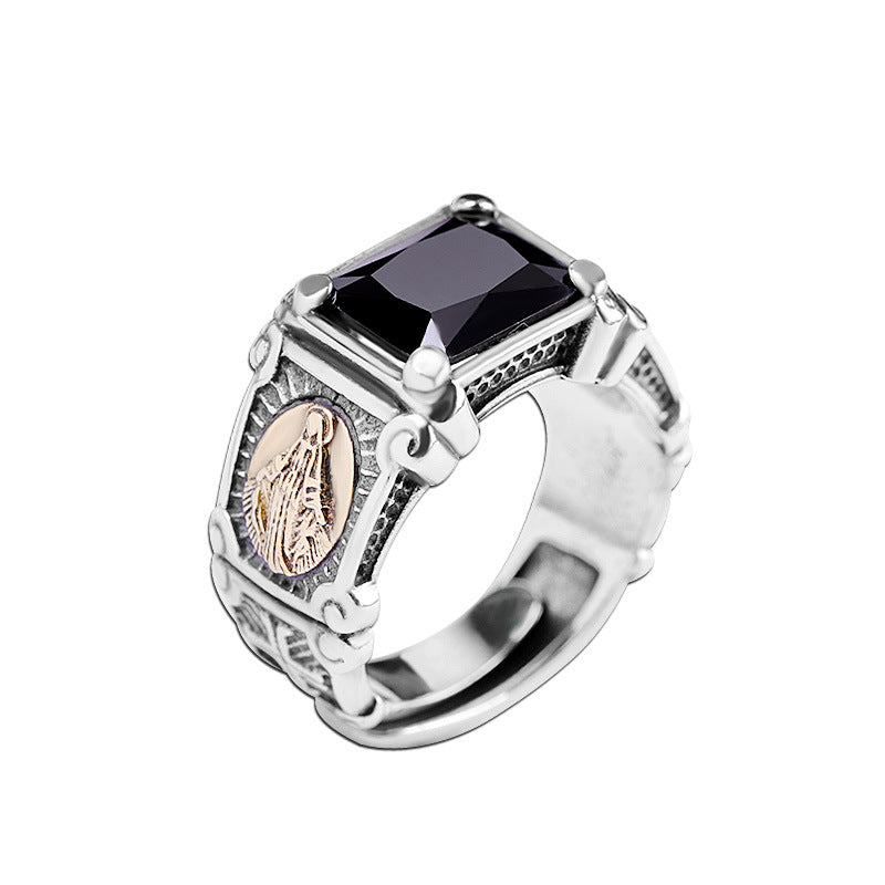 S925 Silver Jewelry Inlaid Men's Black Onyx Virgin Mary Ring