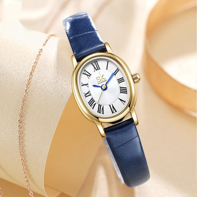 Retro-Quarzuhr mit ovalem Lederarmband