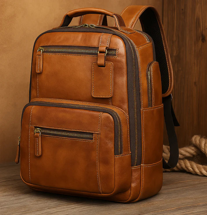 Leather zipper backpack for business and daily use, stylish black leather bag with multiple compartments from Bucciato.