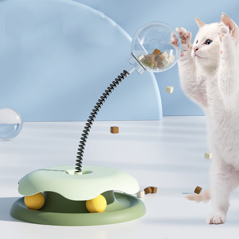 Katzenfutter-Auslaufspielzeug 2 in 1 Drehtellerball Spielzeug Kätzchen Lustiger Katzentrainingsball mit Federmechanismus Katzenzubehör Haustierprodukte