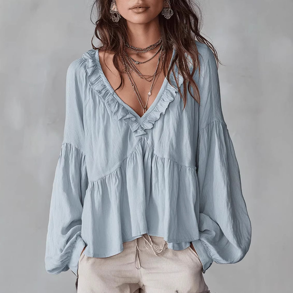 Rüschenbesetzte, plissierte Bluse mit Puffärmeln