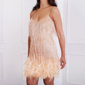 Tassel Sequins Feather Summer Mini Dress Women V Neck Spaghetti Strap Stitching Dresses Female Elegant Evening Party Club Dress