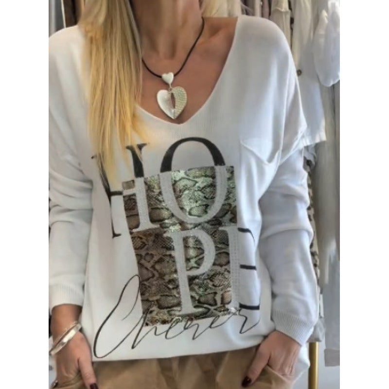 Digital-print V-neck Casual And Comfortable Long-sleeve Top