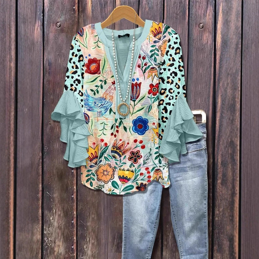 Women's Casual V-Neck T-Shirt With Digital Print And Lace Trim