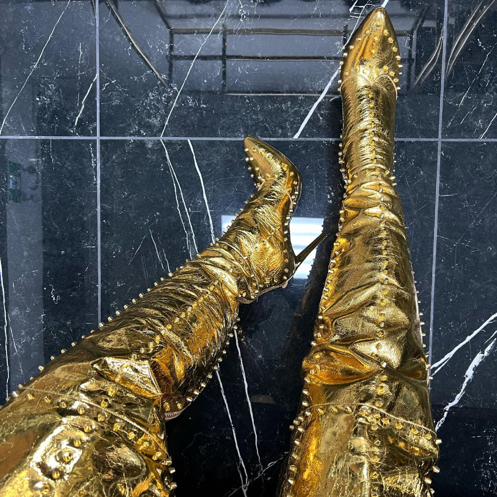 Explosive Gold-studded Stiletto-pointed Fashion Boots