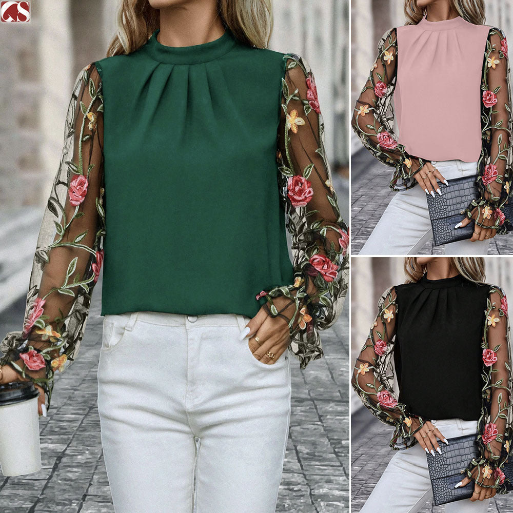Women's Half-Neck Blouse With Patchwork 3D Embroidered Mesh Fabric
