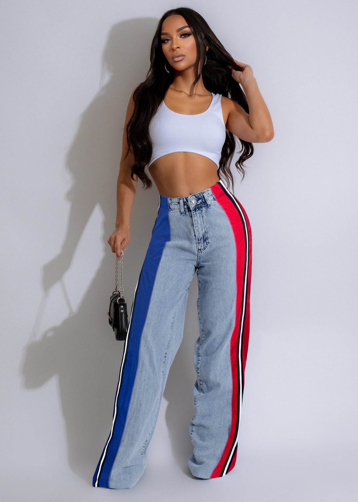 Stylish patchwork striped contrasting denim jeans for women, featuring luxury designer craftsmanship with vibrant denim patches.