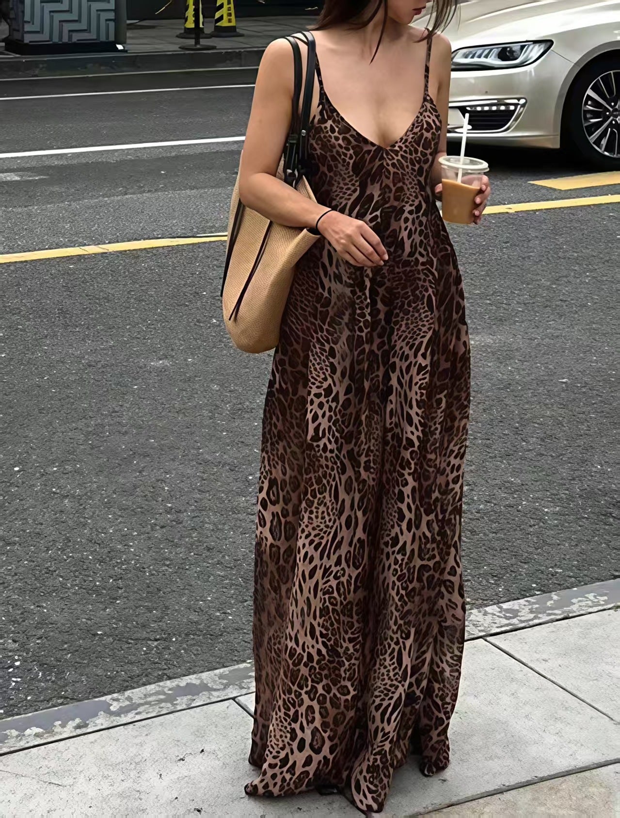 Sexy Leopard-print Backless V-neck Summer Slip Dress For Curvy Figures