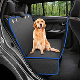 Dog car seat cover with mesh view, zipper, and pocket, designed as a pet travel hammock and safety protector for back seats.