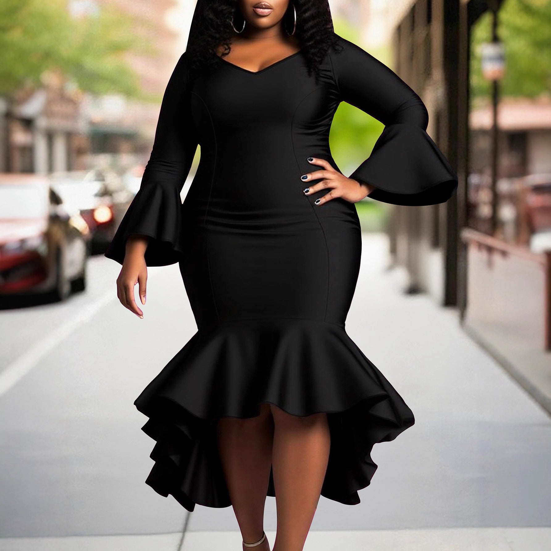 Womens Flared Sleeve Long-Sleeve V-Neck Plus-Size Dress