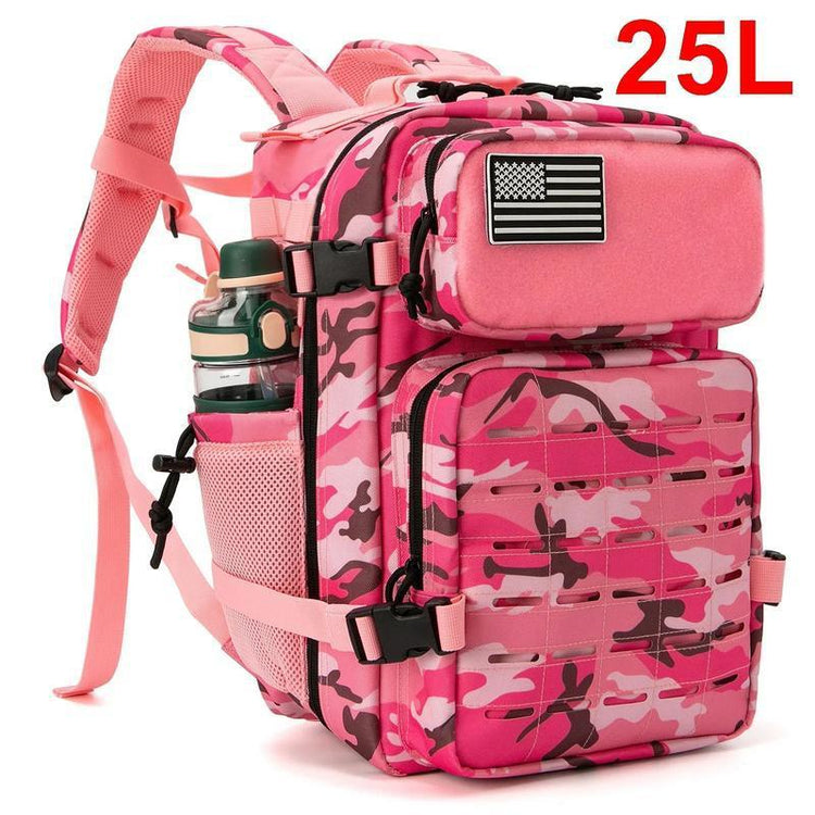 Mens tactical double-cup hunting backpack with multiple compartments, adjustable straps, and durable material designed for outdoor hunting.