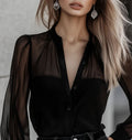 Black Elegant Mesh-Panel Blouse With A Sophisticated Vibe