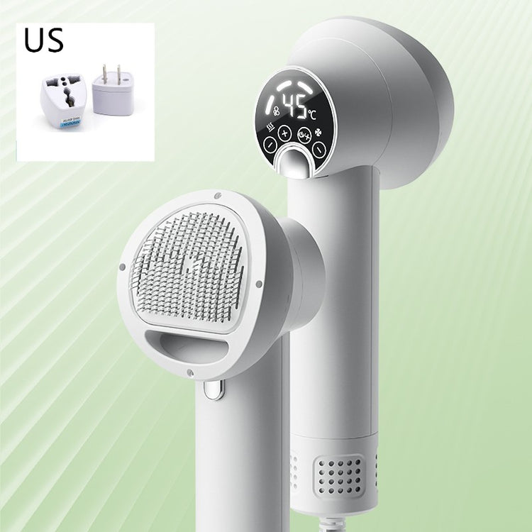 Golden retriever and cat grooming with a Bucciato pet hair dryer, showing a silent, handheld blow dryer for pets in grooming supplies.