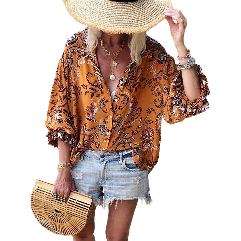 Lace-trimmed Long-sleeve Printed Loose-fitting Single-breasted Top