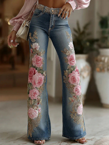 Women's Retro Printed Faux Denim Jeans