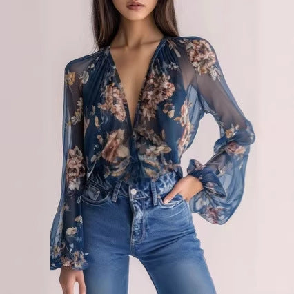 Damen-Strandbikini, sonnenschützender Chiffon-Cardigan mit Print