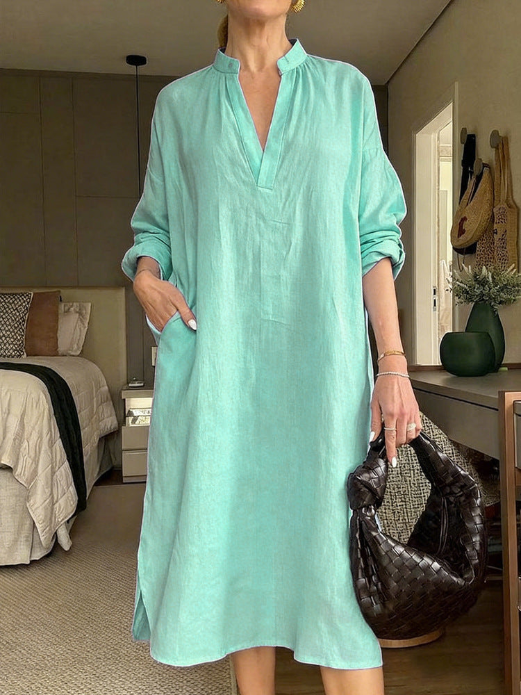Women's Retro Cotton-Linen Long-Sleeve V-Neck Pocket Dress