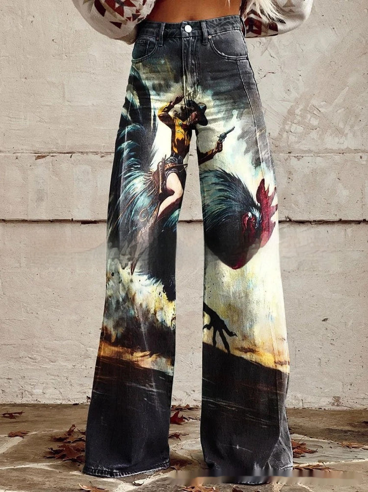 Loose-fit flared denim jeans with retro print, stylish luxury women&