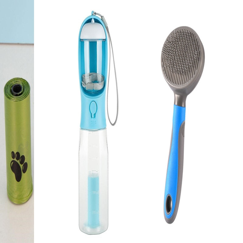 Bucciato 3-in-1 portable pet water bottle with food dispenser for cats and dogs, leak-proof and multifunctional pet accessory.