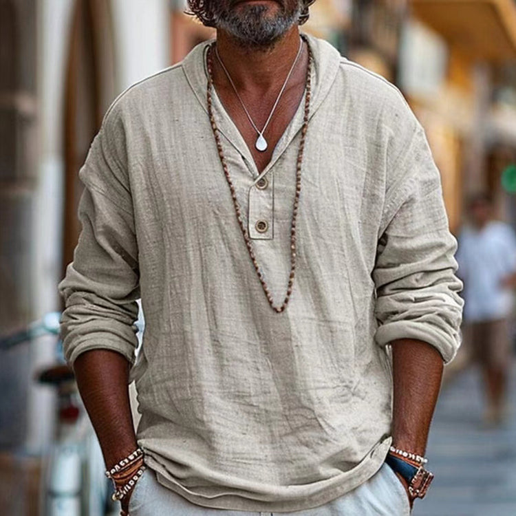 Light beige retro cotton and linen long-sleeved casual shirt from Bucciato, featuring a relaxed fit and classic collar design.