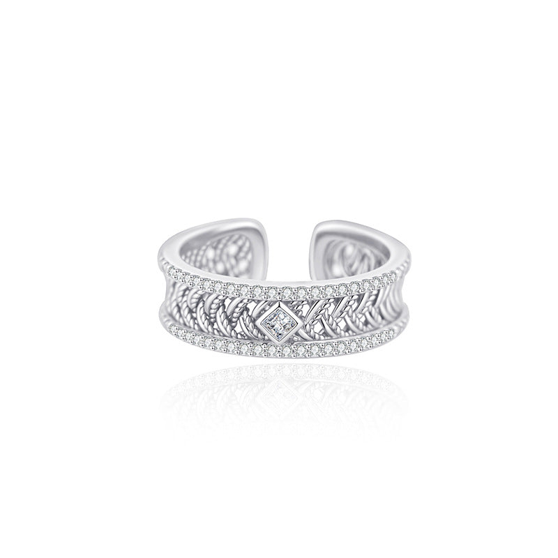 Brocade-Weave Filigree Stud Earrings S925 Sterling Silver Light Luxury High-End Diamond-Inlaid Sand Gold