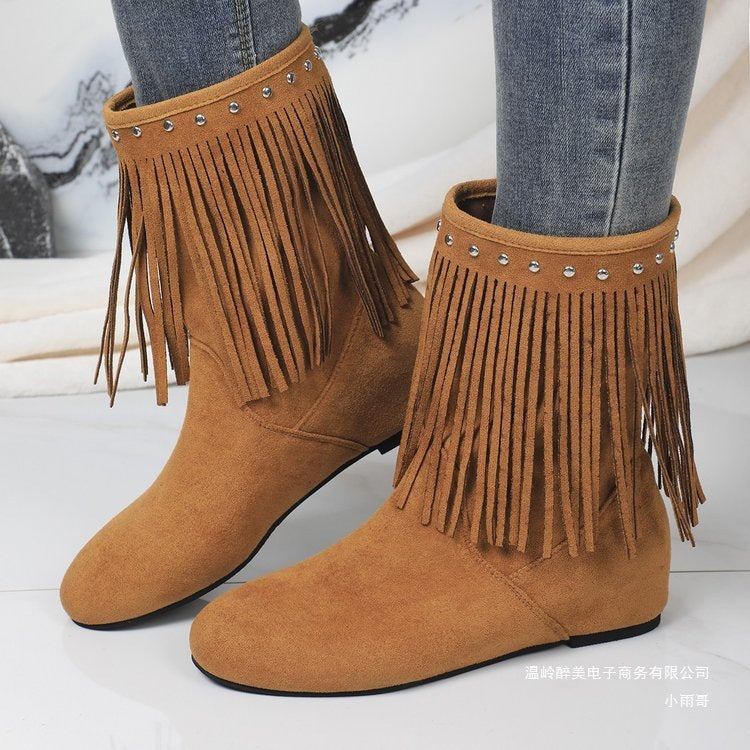 Plus Size Wildlederstiefel mit Nieten und Quasten für Damen