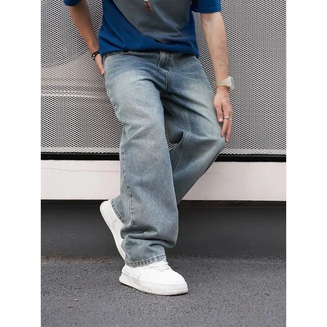 Men's Casual Straight Wash Jeans - Light Blue Loose Fit Ob