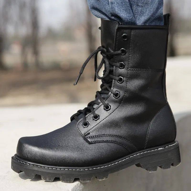 Military steel-toe work safety shoes, tactical combat boots in black leather with rugged soles and secure lacing for safety and durability.