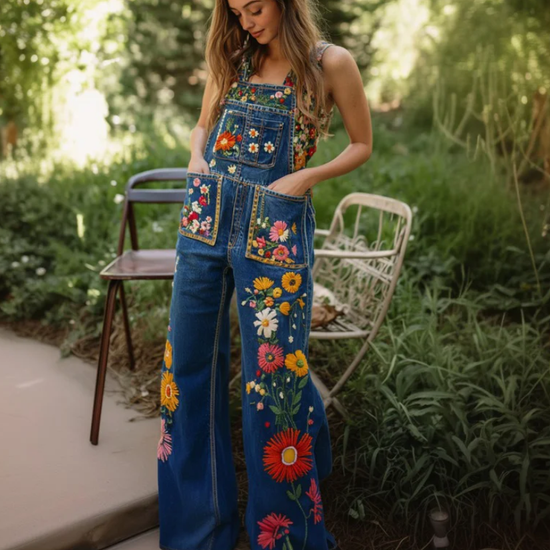 Vintage floral art denim jumpsuit for women, luxury artistic design by Bucciato, featuring colorful floral patterns and classic jeans style.