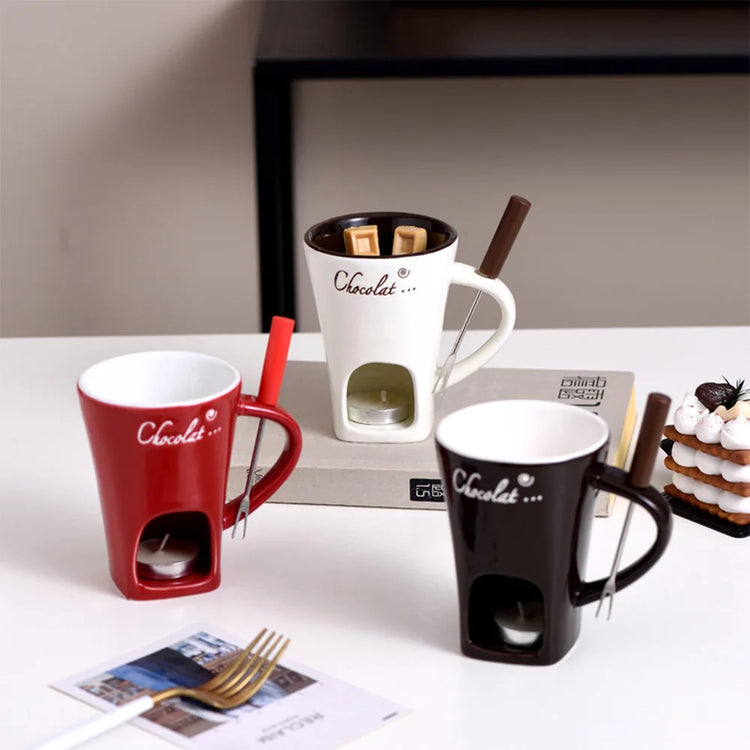 Bucciato dessert fondue mug set with small pots for chocolate, cheese, or ice cream, featuring individual warmers and melting cups.